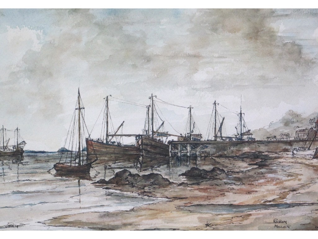 Appraisal: ROBIN MILLER HARBOUR SCENE Pen and wash signed x x