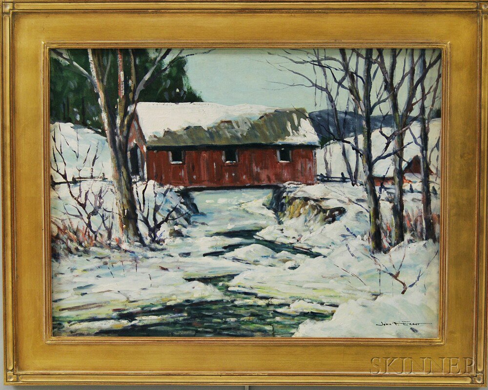 Appraisal: John F Enser American - Red Covered Bridge in Winter