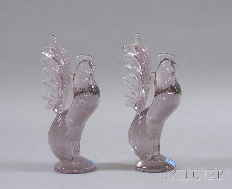 Appraisal: Pair of Light Amethyst Molded Glass Rooster Figures ht in