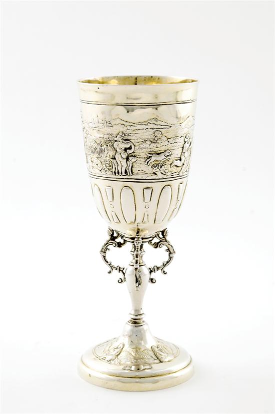 Appraisal: Continental silver-gilt chalice th century panoramic hunting scene on shaped