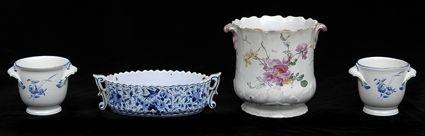 Appraisal: PAIR OF CHANTILLY PORCELAIN CACHE POTS A FAIENCE JARDINIERE AND