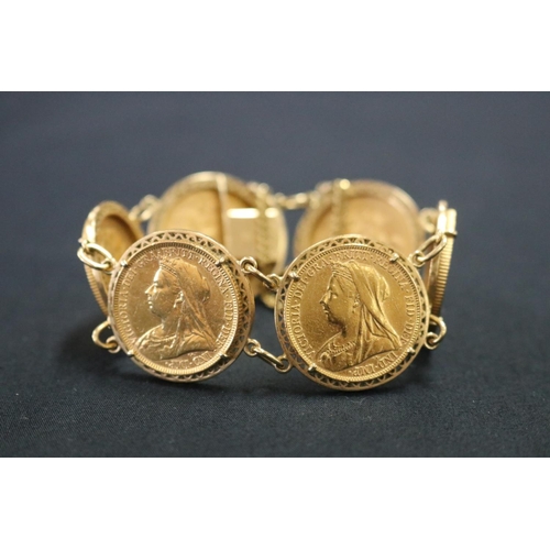 Appraisal: Gold coin bracelet set with ct gold sovereigns and mostly