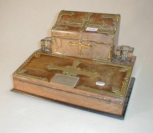 Appraisal: A Victorian burr walnut desk stand with raised letter rack