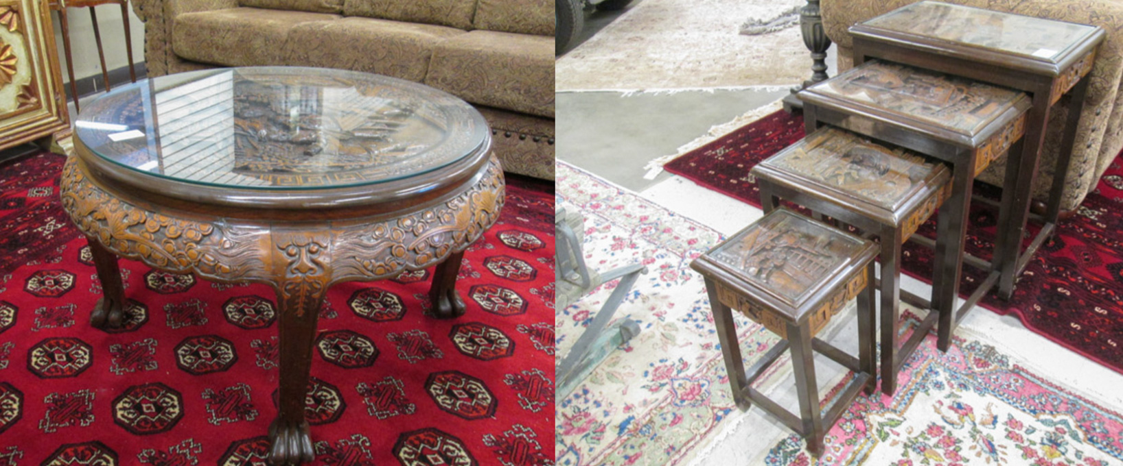 Appraisal: CHINESE CARVED TEAKWOOD COFFEE TABLE AND NESTING TABLE SET Hong