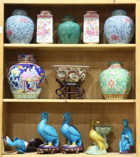 Appraisal: Three Shelves of Chinese Porcelain Birds Jars lot of Three