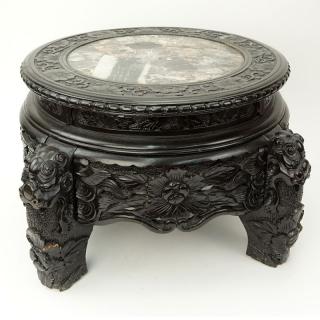 Appraisal: th Century Chinese Carved Teakwood Marble Top Pedestal Table th