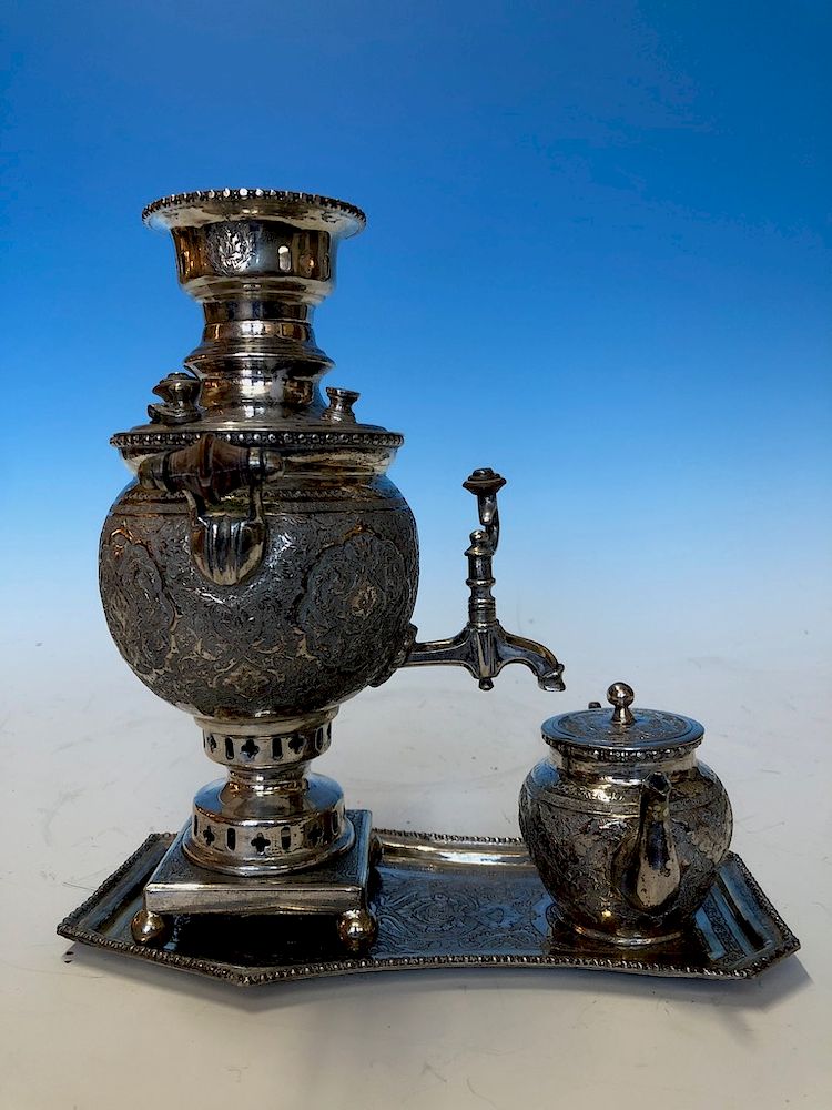 Appraisal: Persian Silver Miniature Decorated Samovar Persian Silver Miniature Decorated Samovar