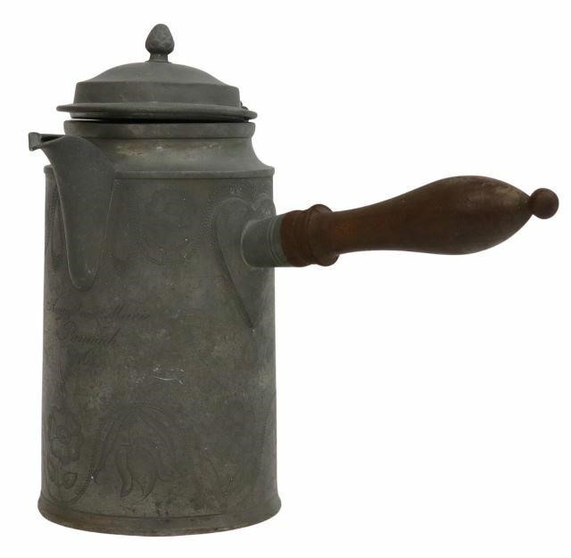 Appraisal: Pewter lidded and wood handled chocolate pot th c engraved