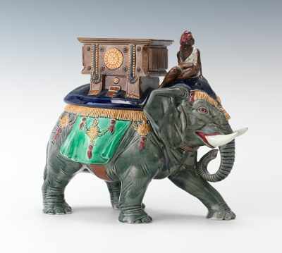 Appraisal: A Large Majolica Elephant Driver Figural Tobacco Jar Porcelain with