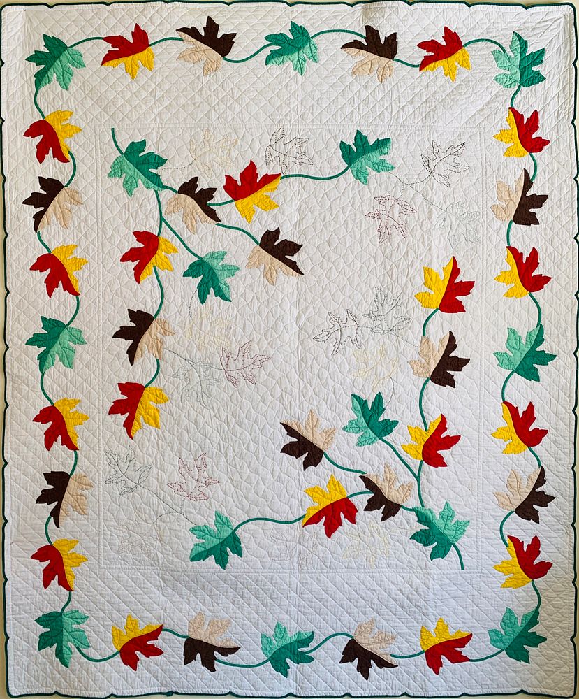 Appraisal: s Maple Leaf Applique and Stitched Quilt s Vintage Maple