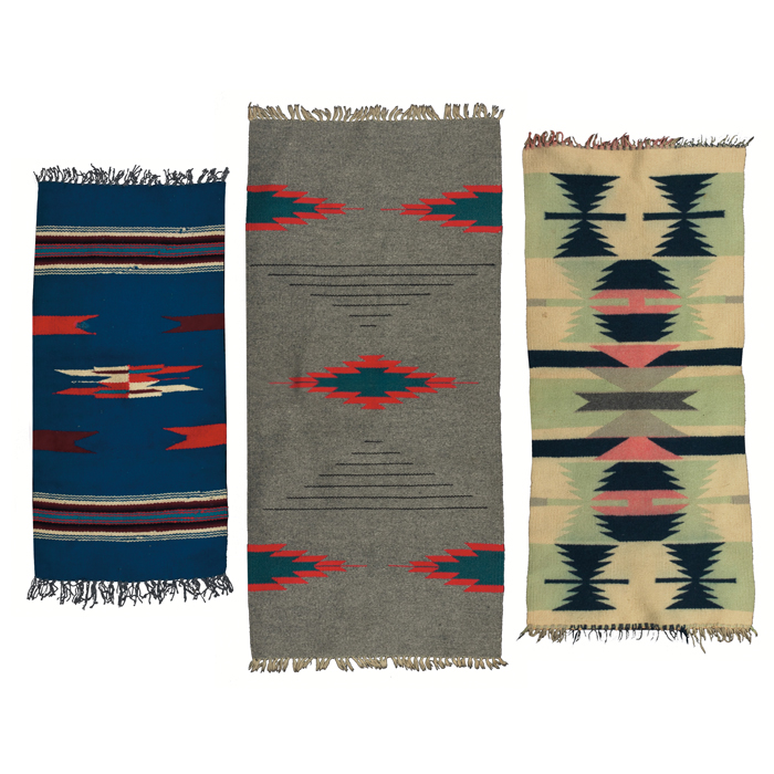 Appraisal: Navajo rugs three colorful geometric designs largest is ''w x