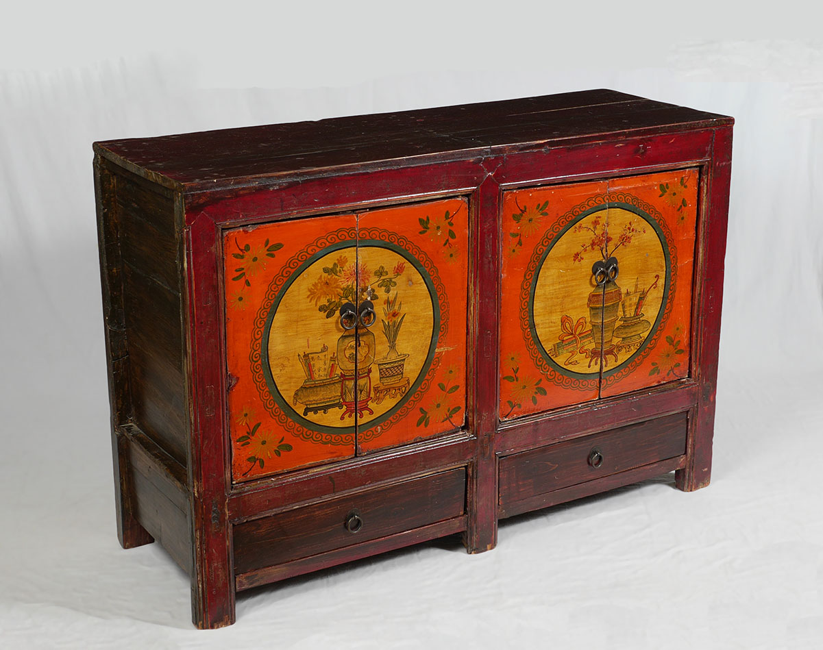 Appraisal: CHINESE PAINT DECORATED DOOR CABINET Most likely th century red