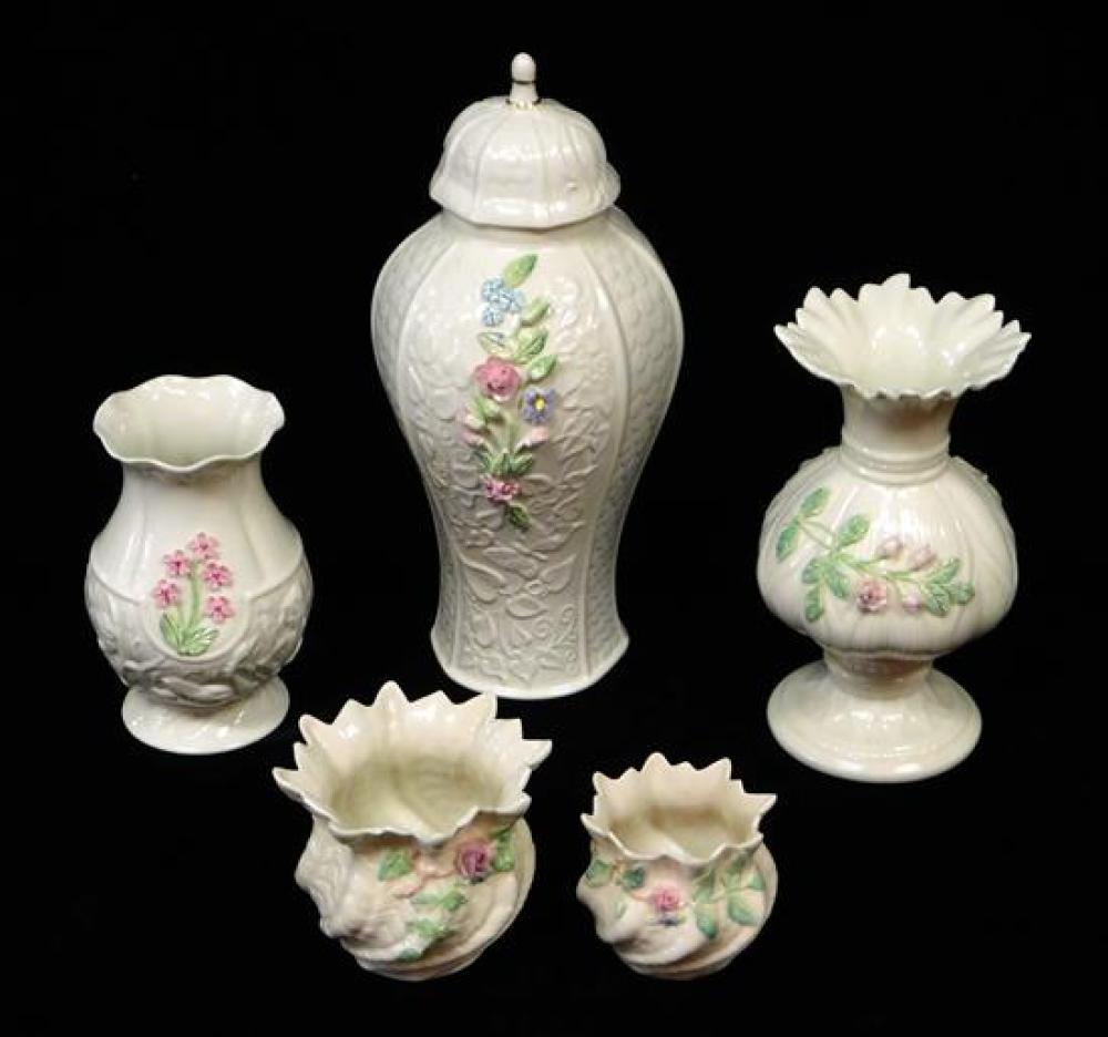 Appraisal: Five Irish Belleek vases vessels th C including tallest covered