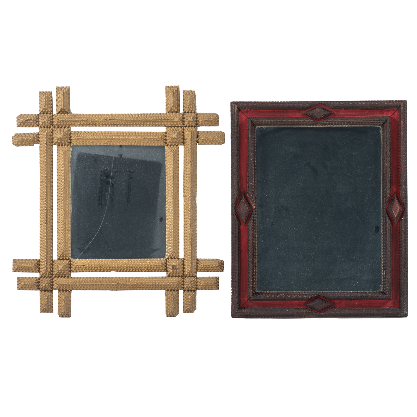 Appraisal: TWO TRAMP ART FRAMES WITH MIRRORED GLASS One gold painted