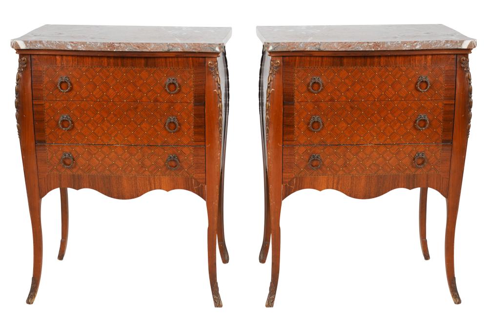 Appraisal: PAIR OF MARBLE-TOP PARQUETRY PETITE COMMODES th century each with