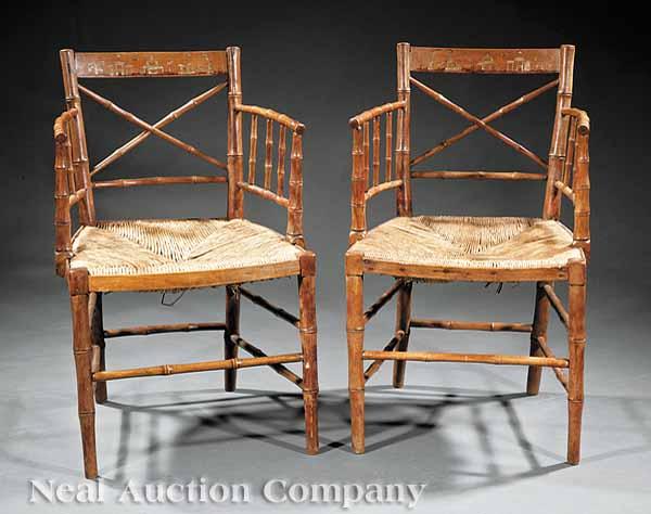 Appraisal: A Pair of Regency Paint-Decorated Faux Bamboo Armchairs c the