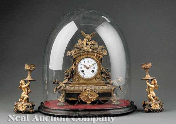 Appraisal: A Louis XVI-Style Gilt Bronze Three-Piece Clock Garniture c arched