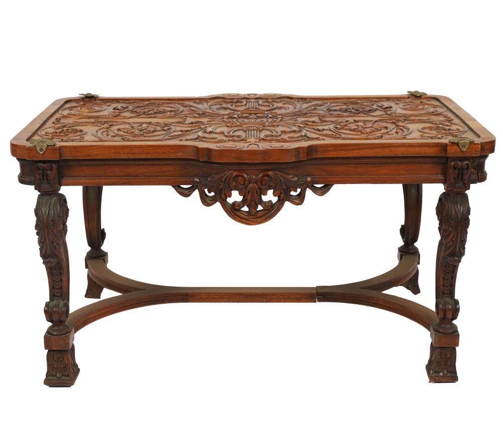 Appraisal: BAROQUE-STYLE CARVED MAHOGANY OCCASIONAL TABLEthe top relief-carved with lyres and