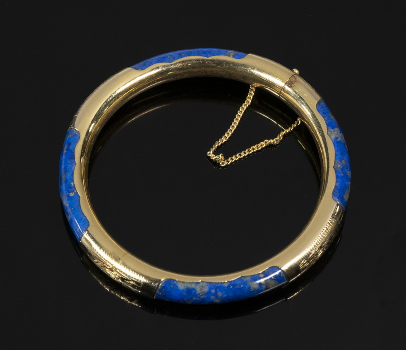 Appraisal: CHINESE GOLD AND LAPIS BANGLE BRACELET K engraved Yellow Gold