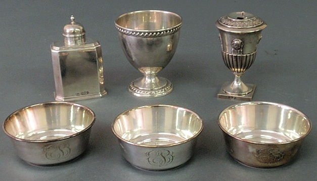 Appraisal: English silver taper stick holder English silver tea caddy h