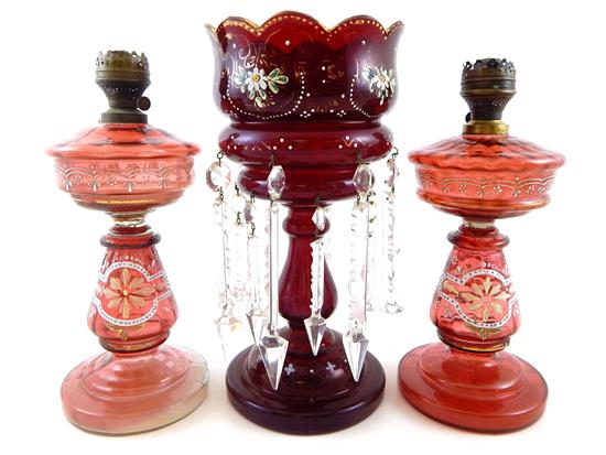 Appraisal: Victorian cranberry glass with enamel decoration three pieces single lustre