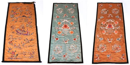 Appraisal: THREE CHINESE EMBROIDERED SILK PANELS Embroidered with satin stitch to