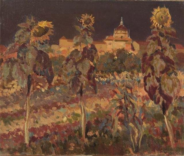 Appraisal: MARIAN KRATOCHWIL Polish - Sunflowers in a field with Church