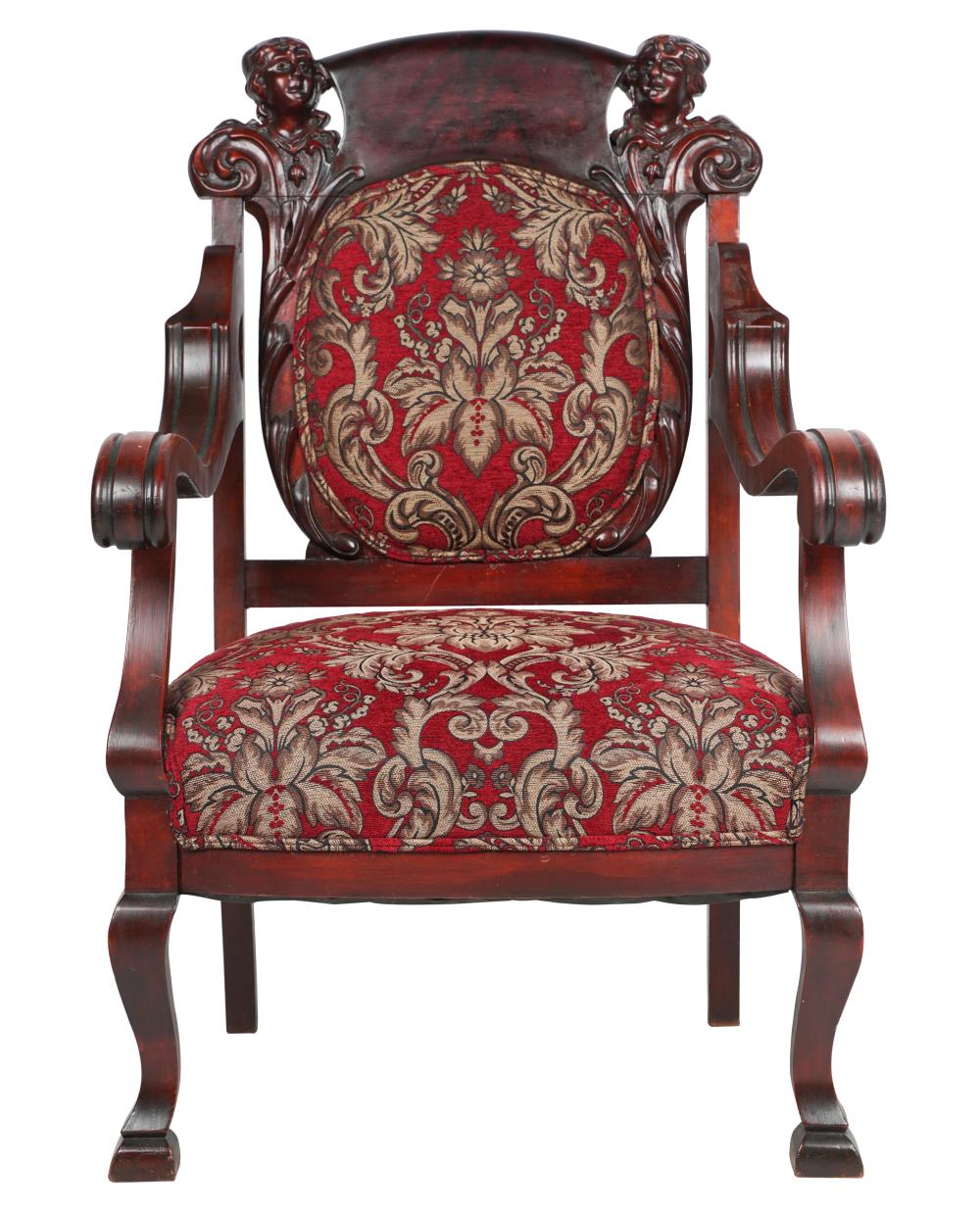 Appraisal: CARVED MAHOGANY HALL CHAIR th century covered with floral fabric