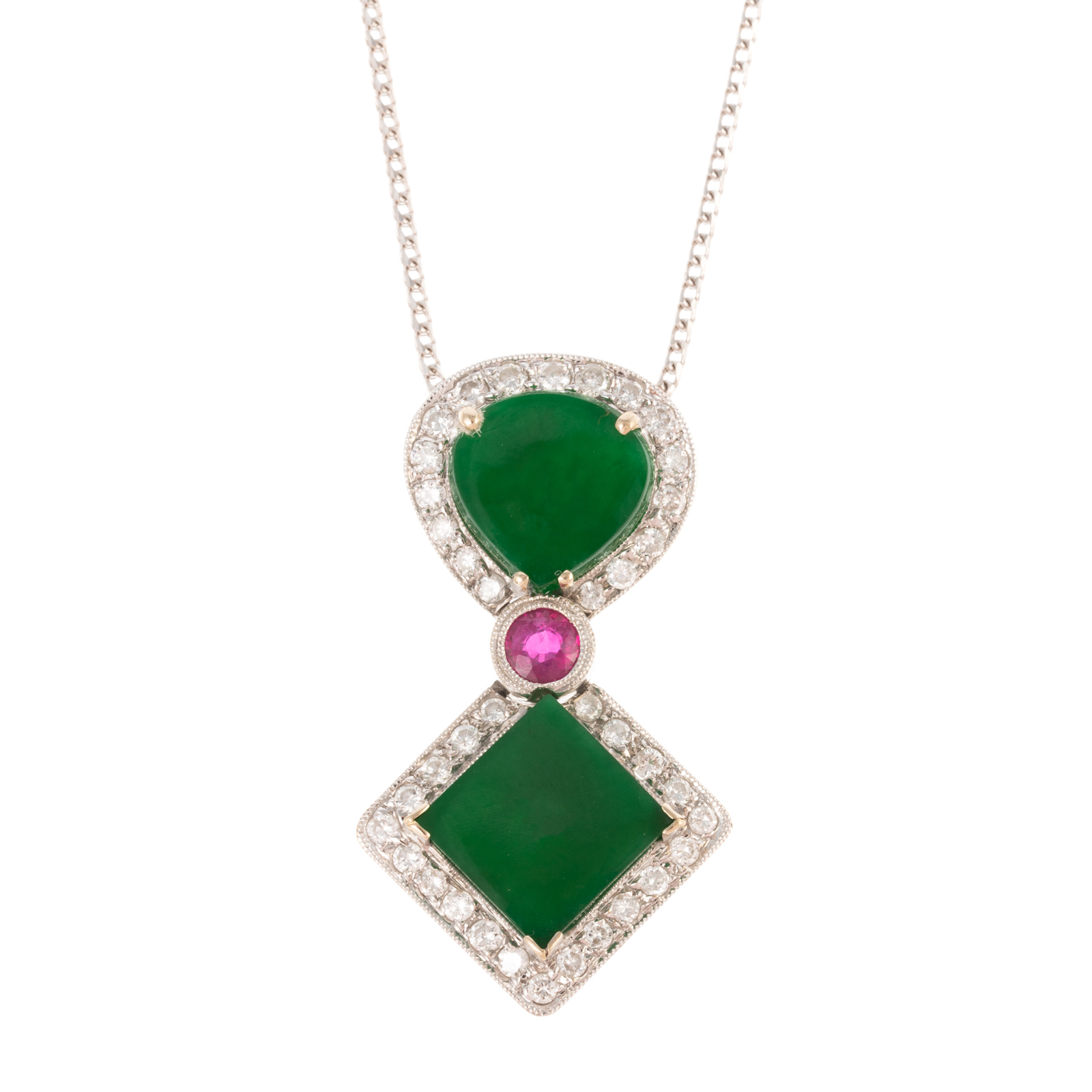 Appraisal: A JADE DIAMOND RUBY PENDANT IN K K white gold