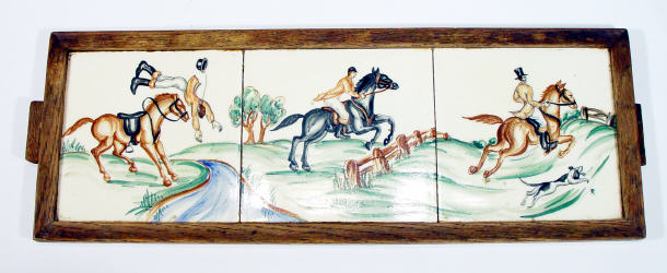 Appraisal: Pilkington three tile panel hand painted with huntsmen on horseback