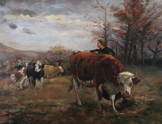 Appraisal: AMERICAN SCHOOL Late th century MILKING TIME signed on reverse