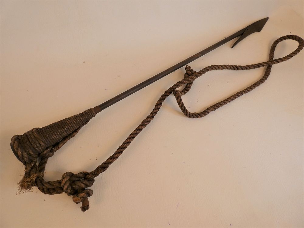 Appraisal: AZORIAN WHALE HARPOON Old Azorian iron whaling harpoon with rope-wrapped