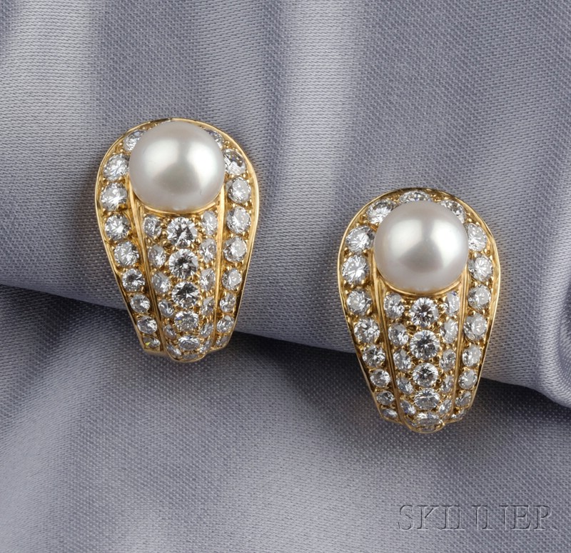 Appraisal: kt Gold Cultured Pearl and Diamond Earclips Cartier France each