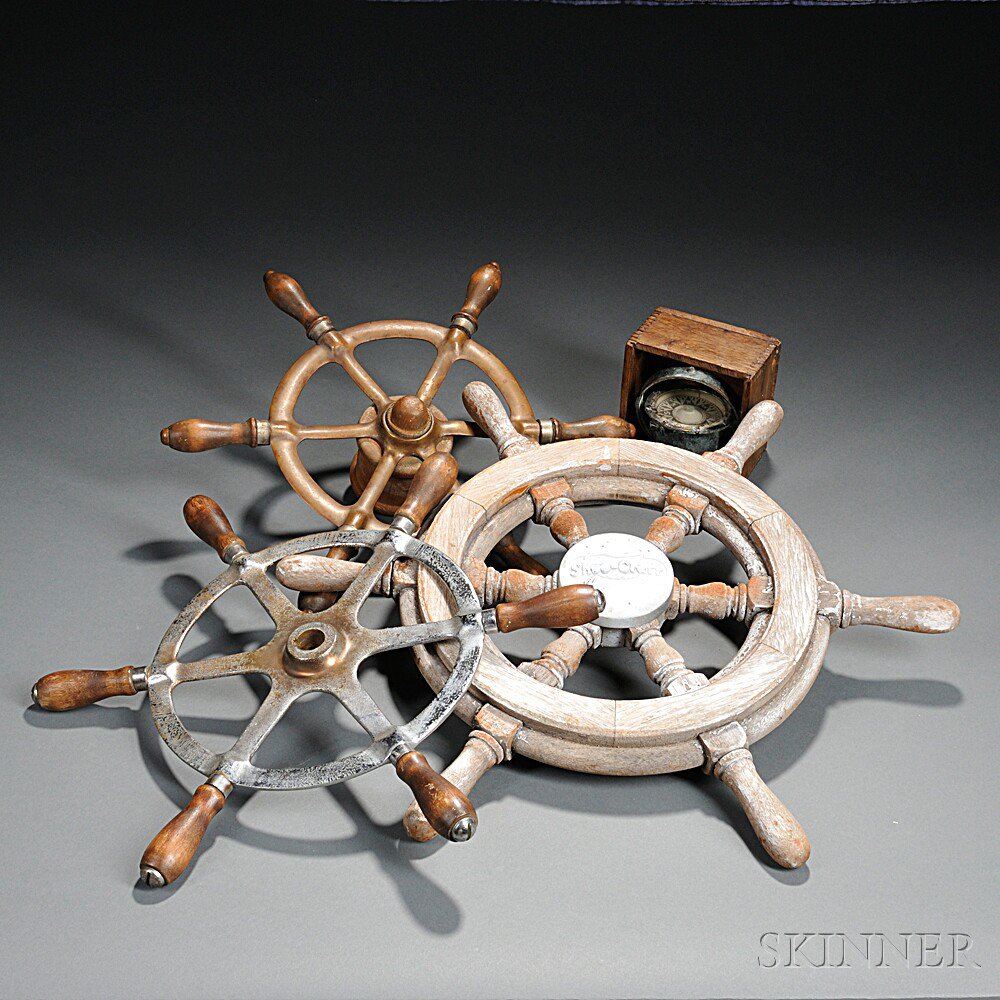 Appraisal: Three Ship's Wheels and a Ship's Compass th century a