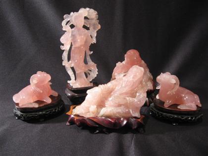 Appraisal: Five Chinese rose quartz figures th century Comprising a Taoist