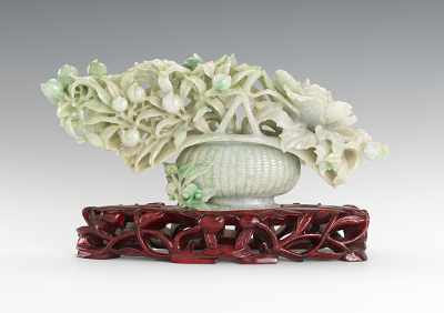 Appraisal: A Jadeite Woven Basket with Flowers and Berries The carved