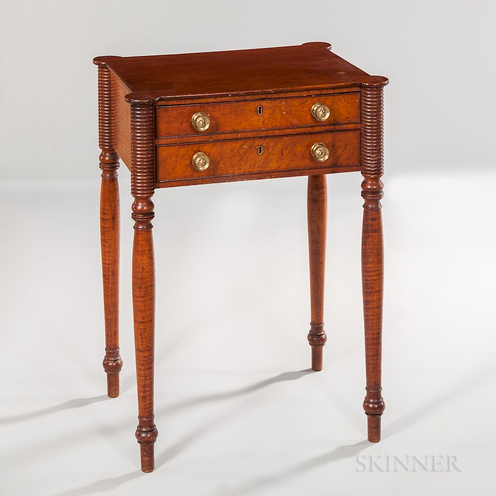 Appraisal: Mahogany and Tiger Maple and Bird's-eye Maple Veneer Two-drawer Stand