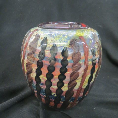 Appraisal: Studio Art Glass Vase latticino cane style on mottled colorful