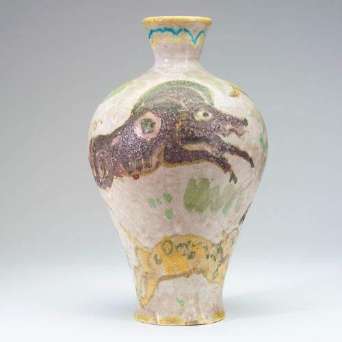 Appraisal: GAMBONE Large baluster faience vase painted with a boar hunt