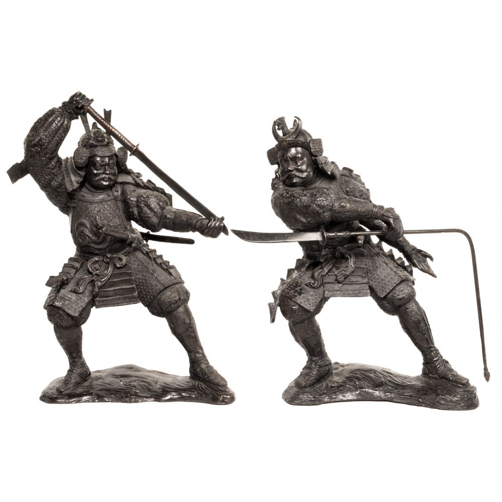 Appraisal: JAPANESE FIGHTING SAMURAI STATUESSimilar pair of patinated metal Temple Guardians