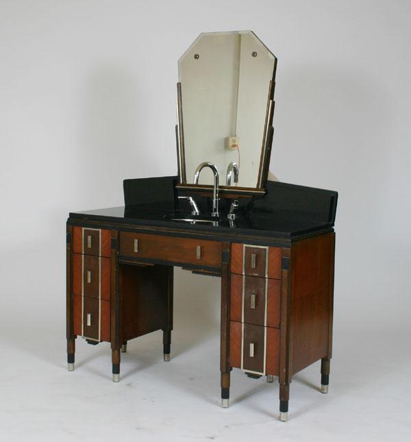 Appraisal: Deco vanity lavatory geometric patterned metal and wood surfaces six