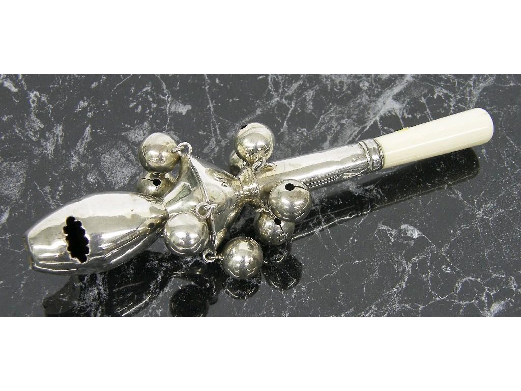 Appraisal: Child's silver rattle with whistle bells and teether long