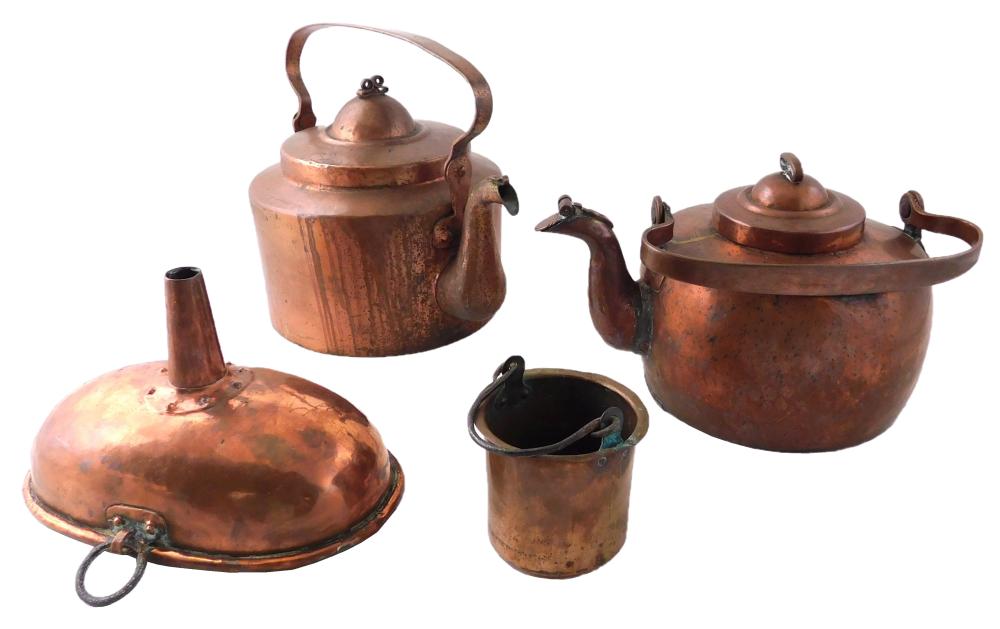 Appraisal: Four pieces of copper including two kettles both with swing