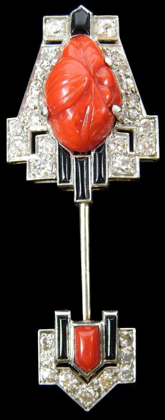 Appraisal: JEWELRY Art Deco jabot pin tested platinum containing coral black