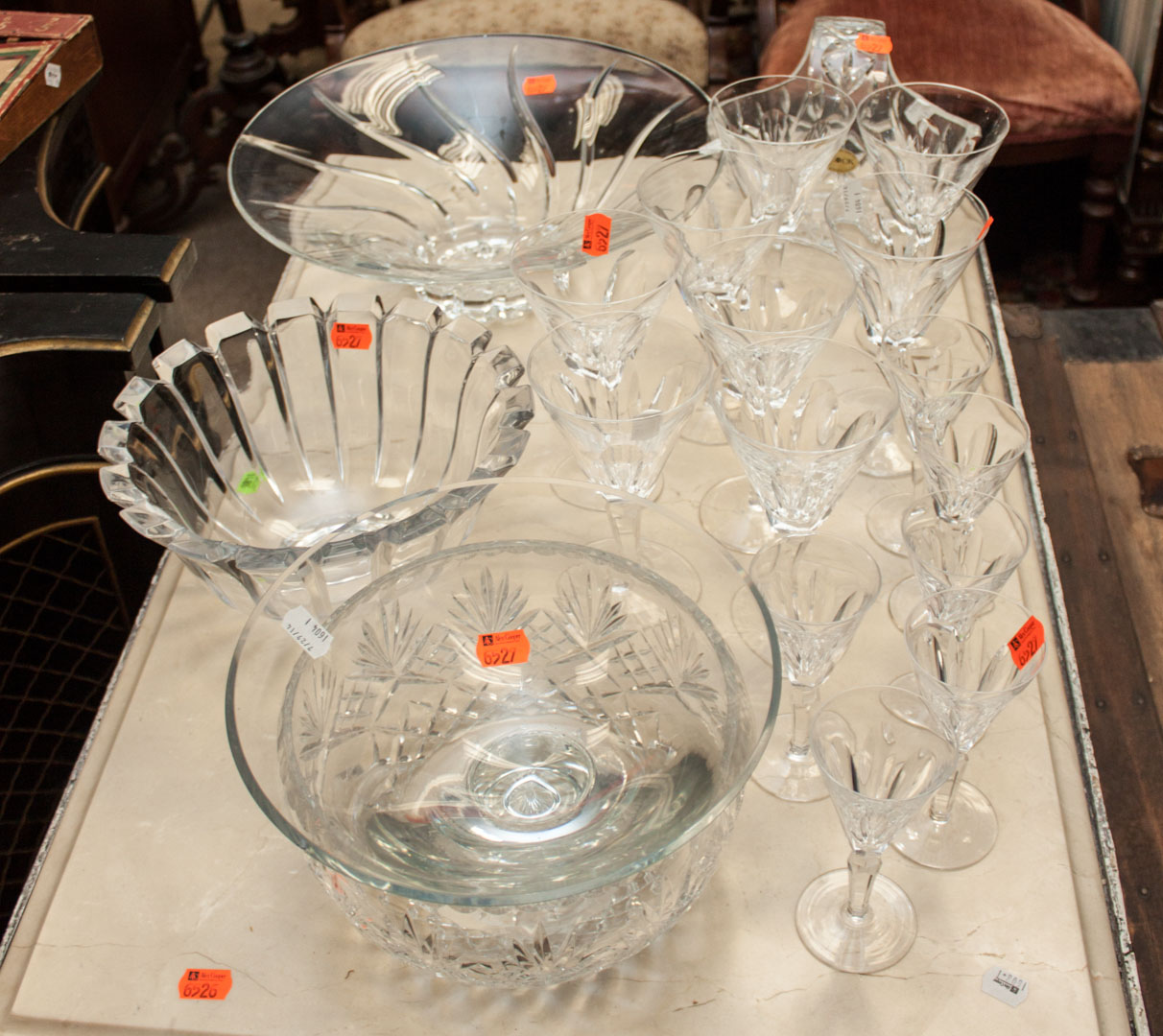 Appraisal: Assortment of contemporary glass items including stemware basket and four