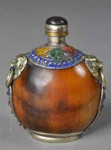 Appraisal: Chinese Horn Snuff Bottle with Metal RingsNicely polished round horn