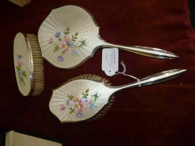 Appraisal: ELIZABETH II SILVER AND ENAMEL THREE PIECE DRESSING TABLE SET