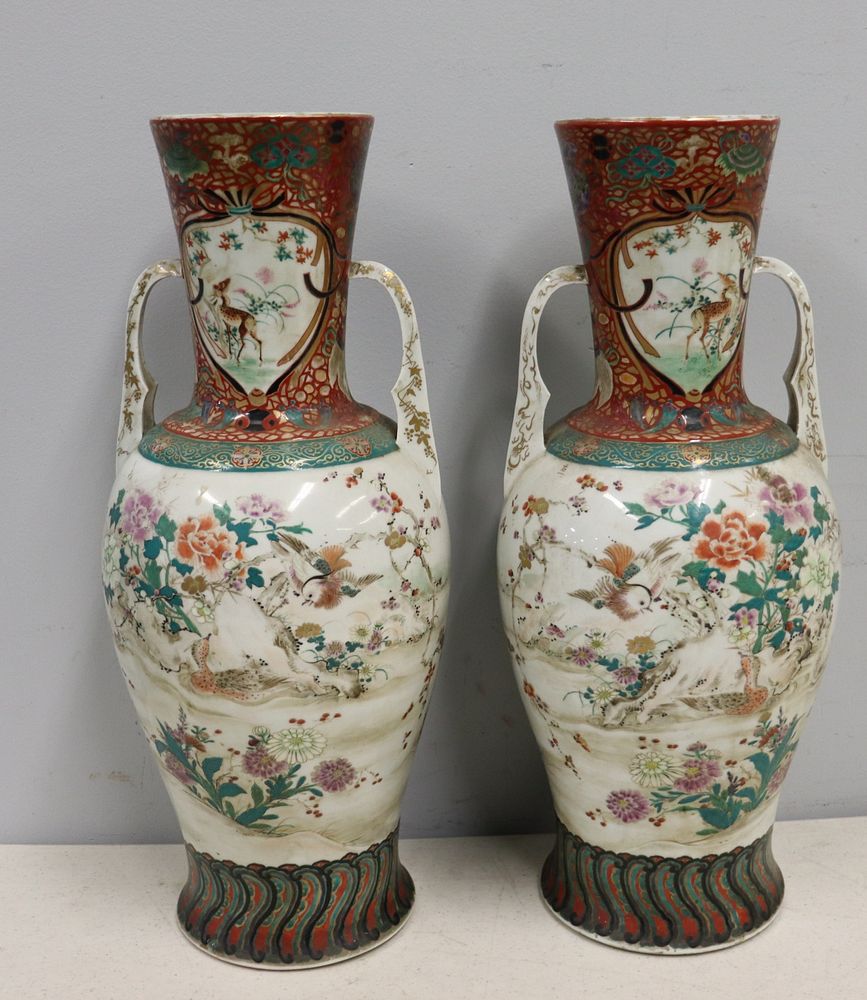 Appraisal: Pair Of Antique Enamel Decorated Porcelain Handled Urns From a