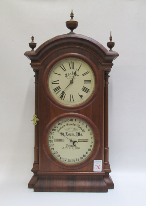 Appraisal: VICTORIAN WALNUT DOUBLE-DIAL CALENDAR SHELF CLOCK Fashion No model by