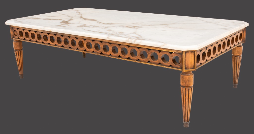 Appraisal: HOLLYWOOD REGENCY WOOD MARBLE COFFEE TABLE Hollywood Regency style coffee